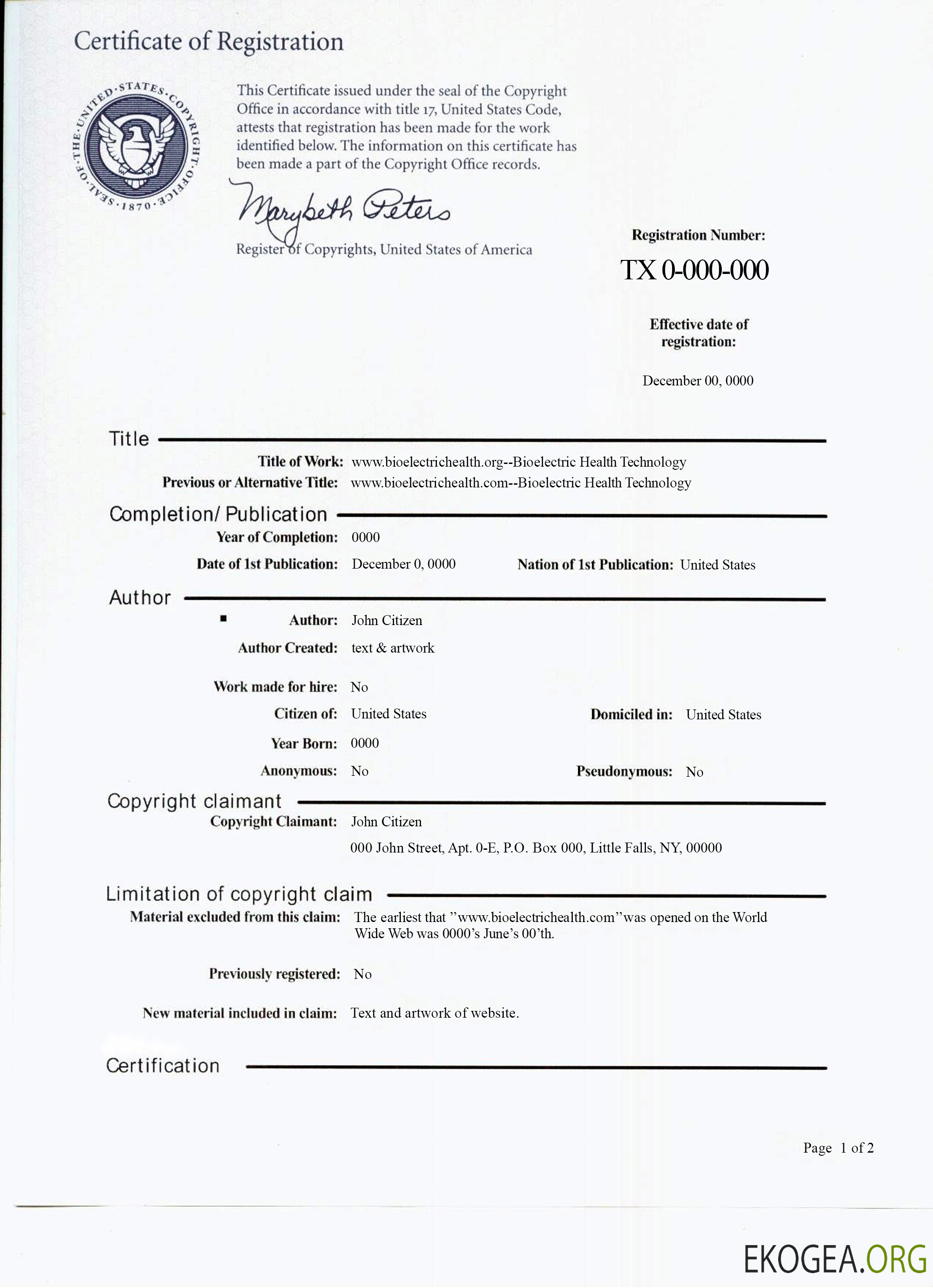 Échantillon PSD de certificat d'enregistrement aux États Unis